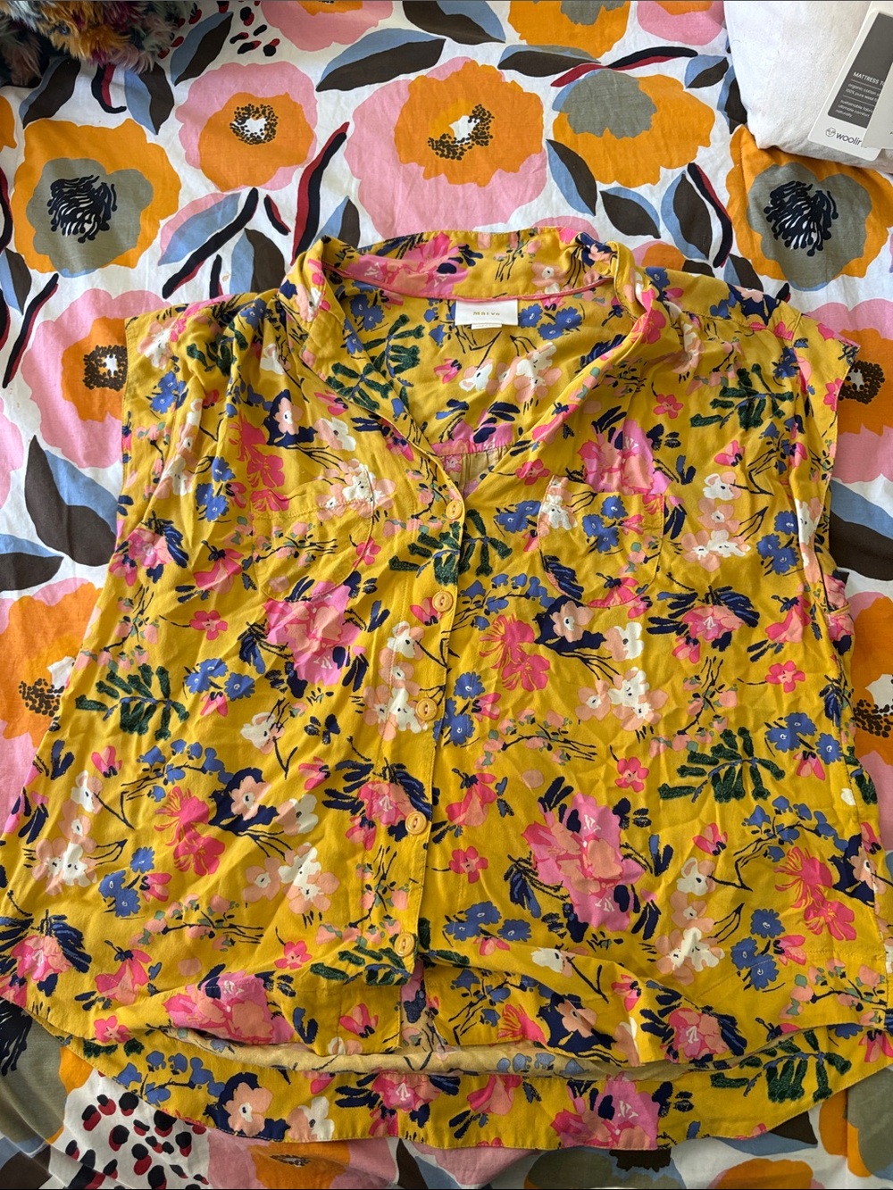 Maeve Mustard Yellow Floral Button-Front Sleeveless Blouse